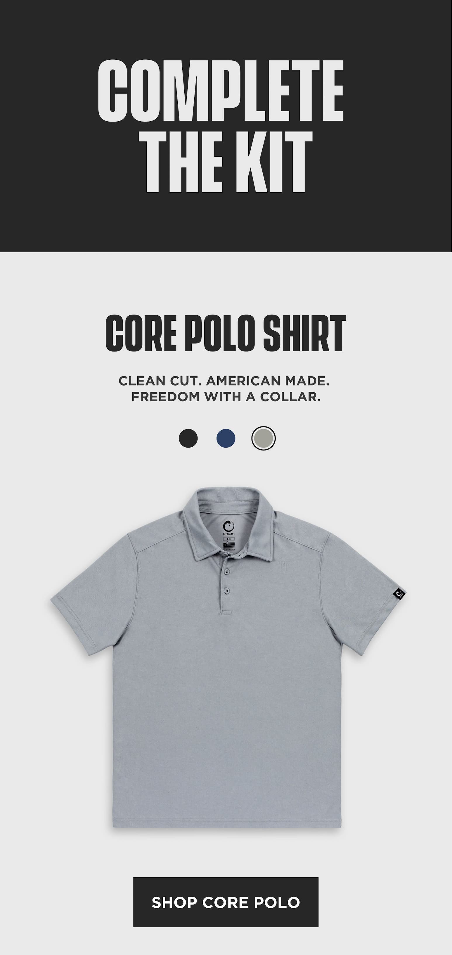 Origin Core Polo email block with Complete the Kit header, gray polo product card, and shop CTA.