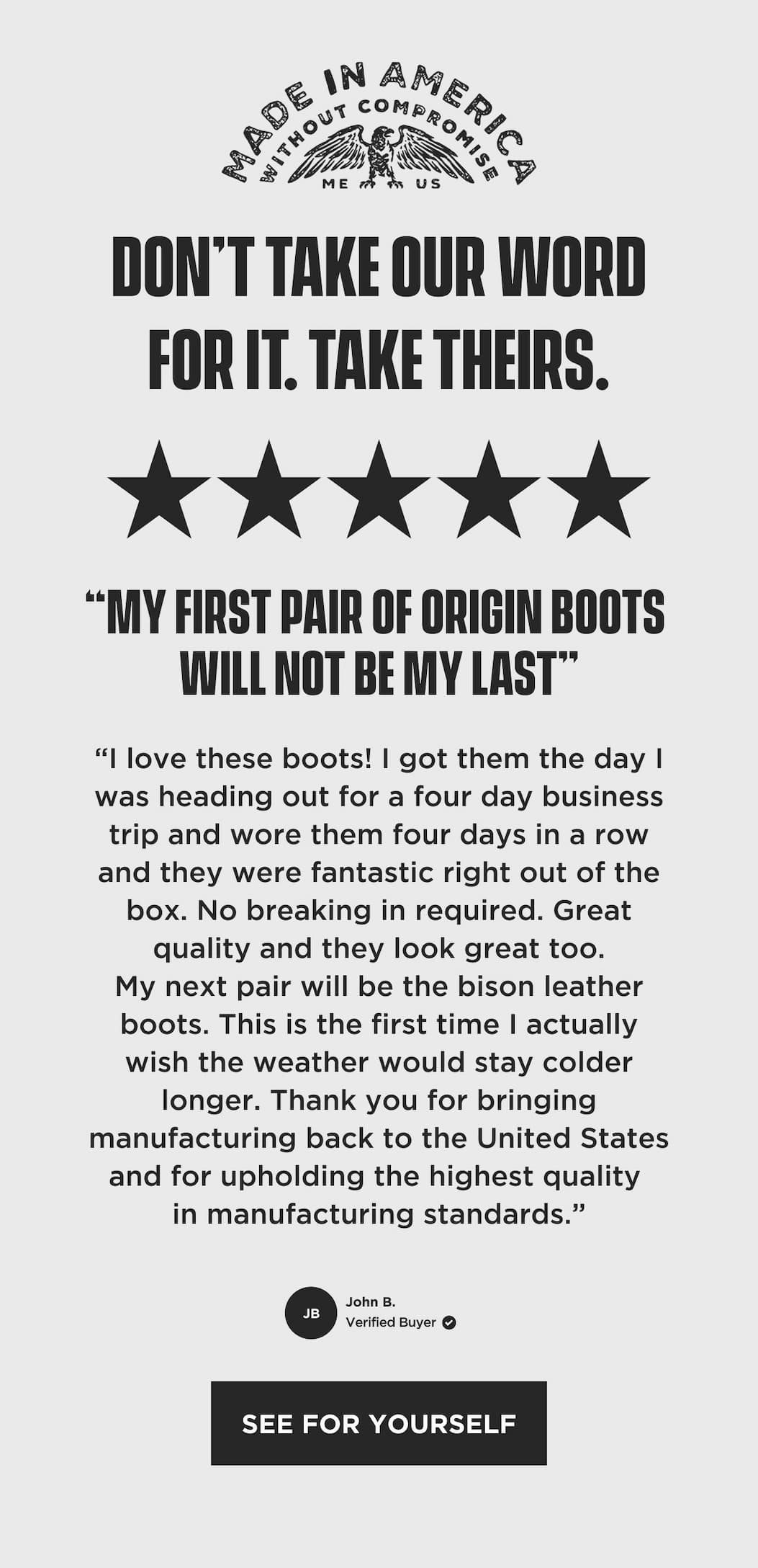Five-star Origin boot review block with quote praising comfort, quality, and American manufacturing.
