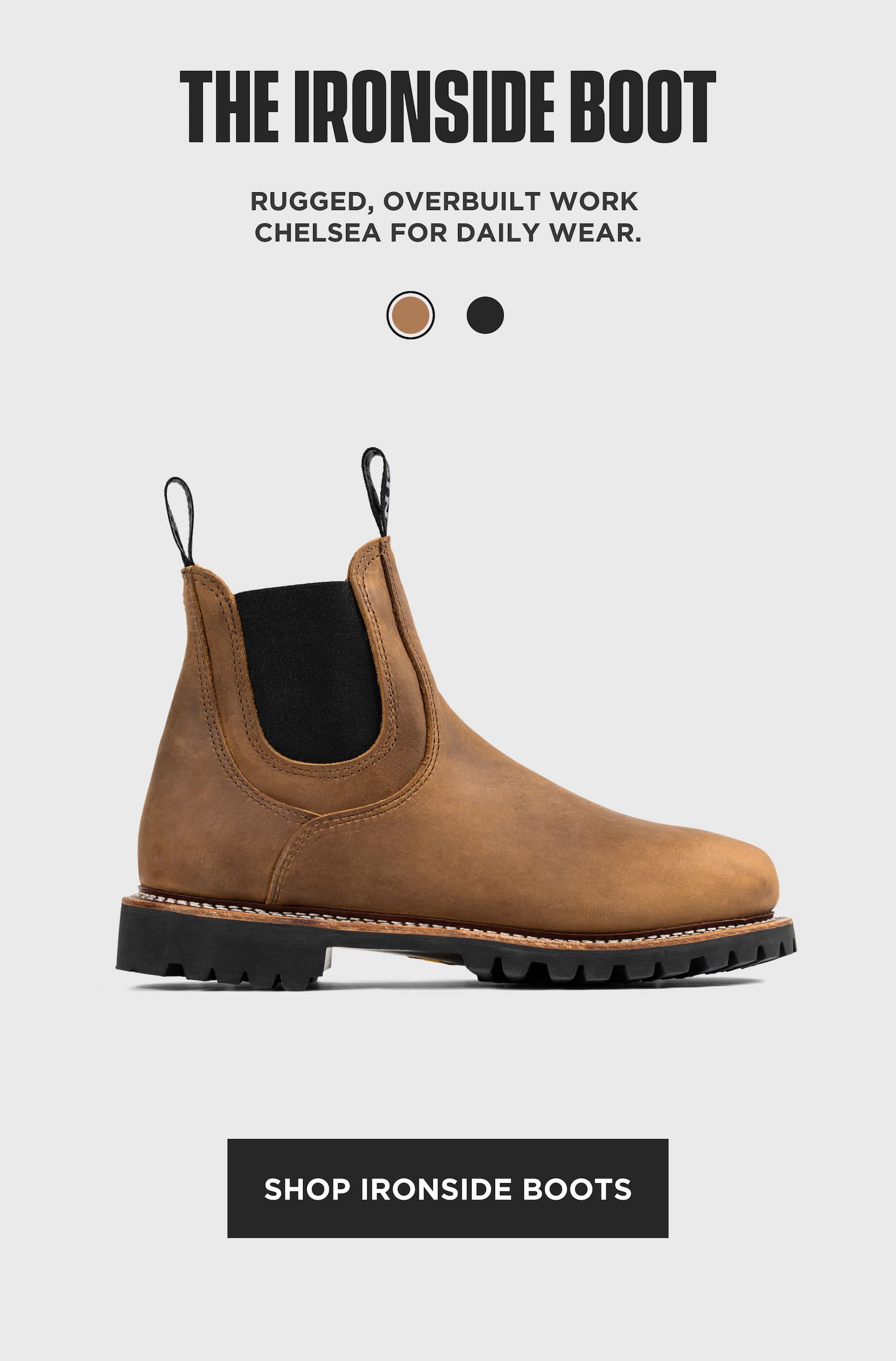 Origin Ironside Chelsea boot in brown leather with rugged lug sole.