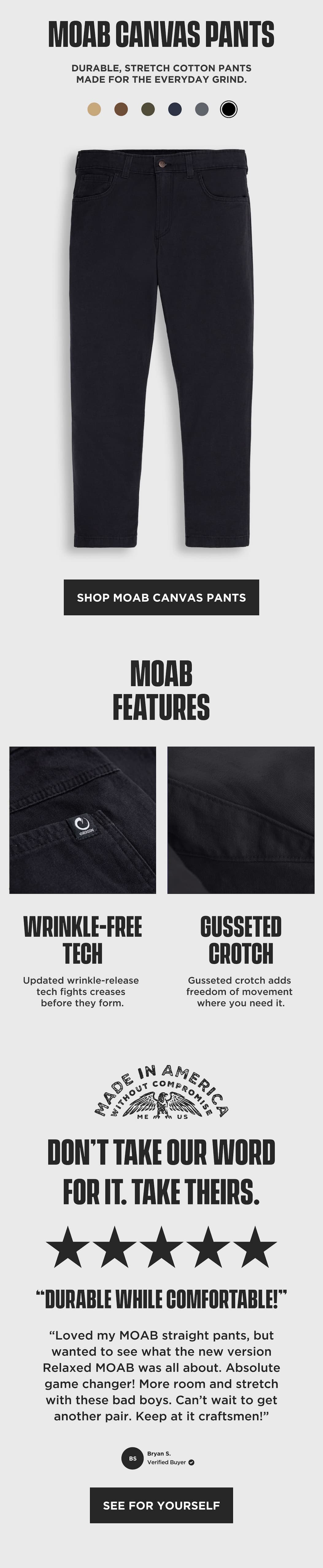 Black MOAB Canvas Pants highlighting wrinkle-free tech, gusseted mobility, stretch comfort, and a five-star review.