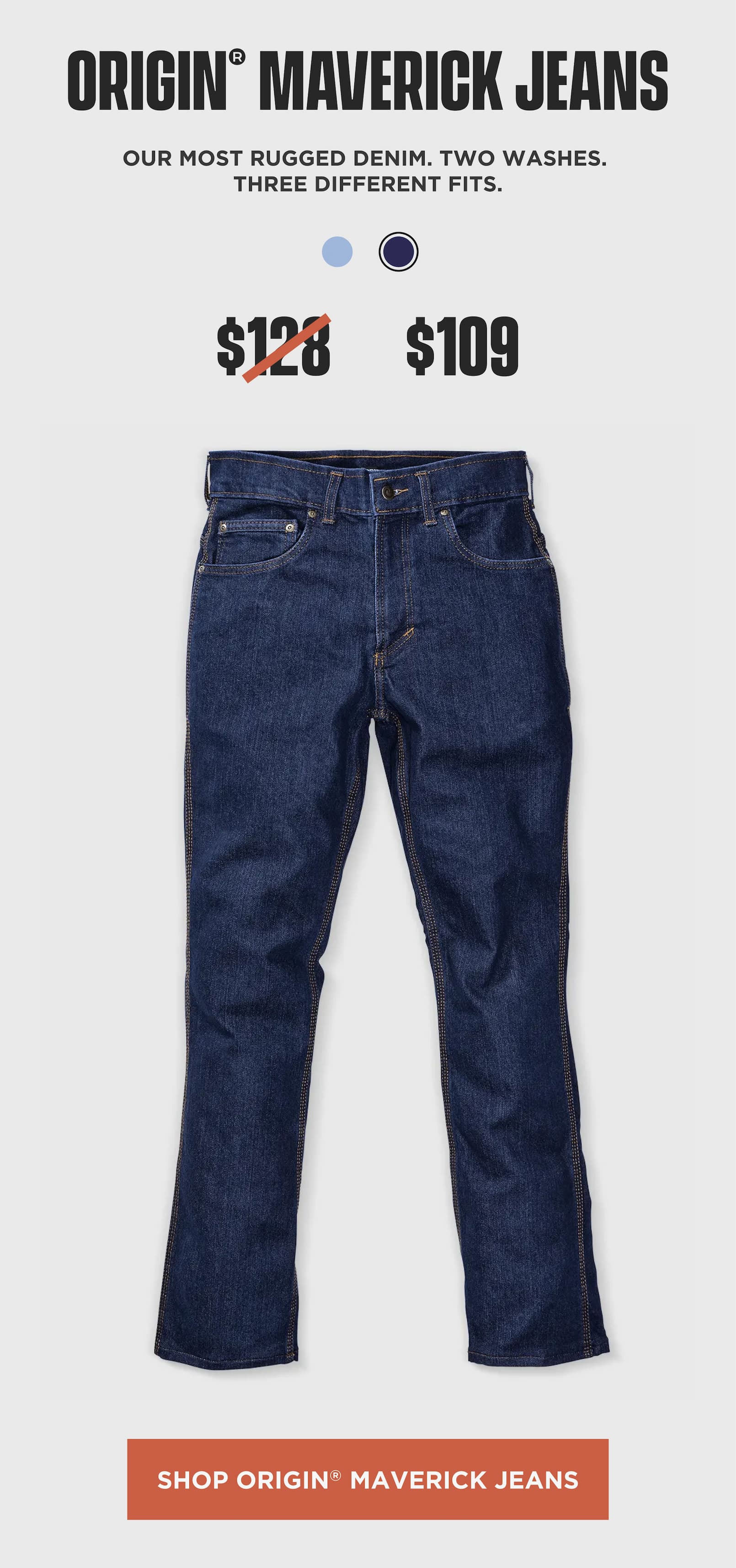 Product image of Origin Maverick jeans highlighting rugged American-made denim with multiple fit options and sale pricing.