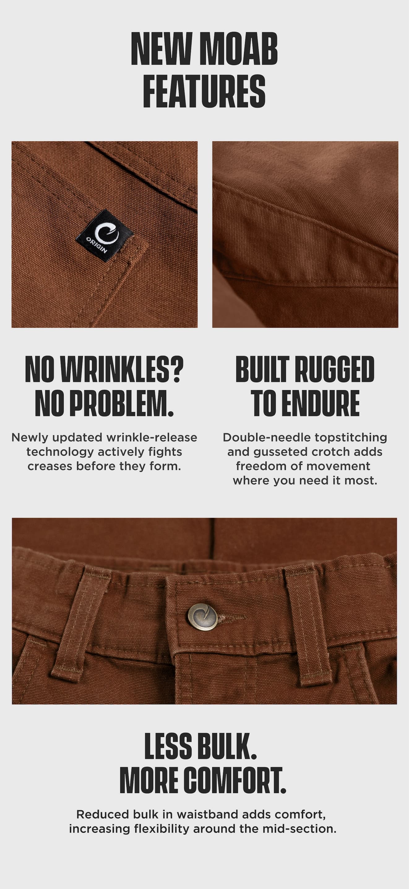 Close-up of Origin MOAB canvas fabric showing wrinkle-release technology and durable stitching.