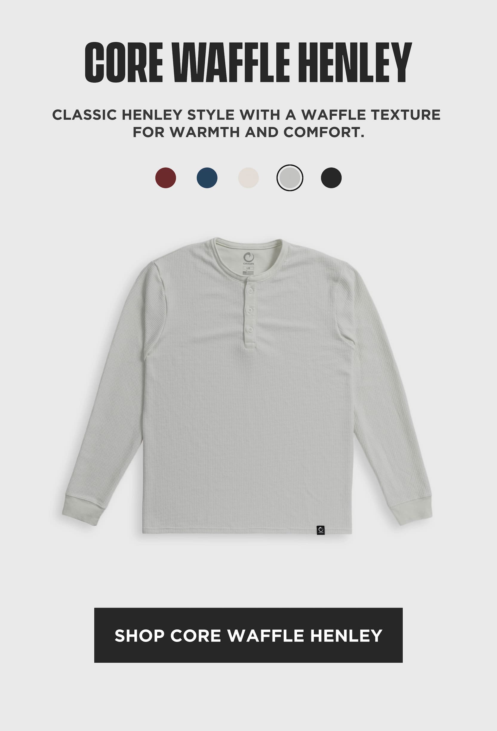 Origin Core Waffle Henley long sleeve shirt in light gray waffle knit fabric.