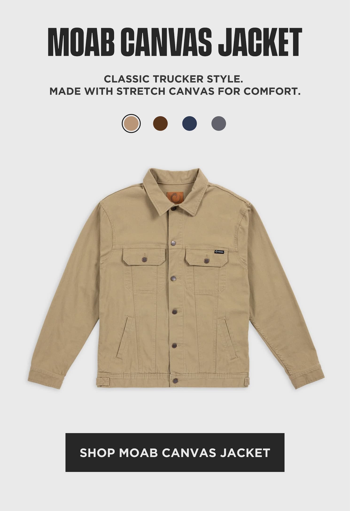 Moab Canvas Jacket in khaki. Classic stretch canvas trucker jacket made in the USA. Shop Moab Canvas Jacket.