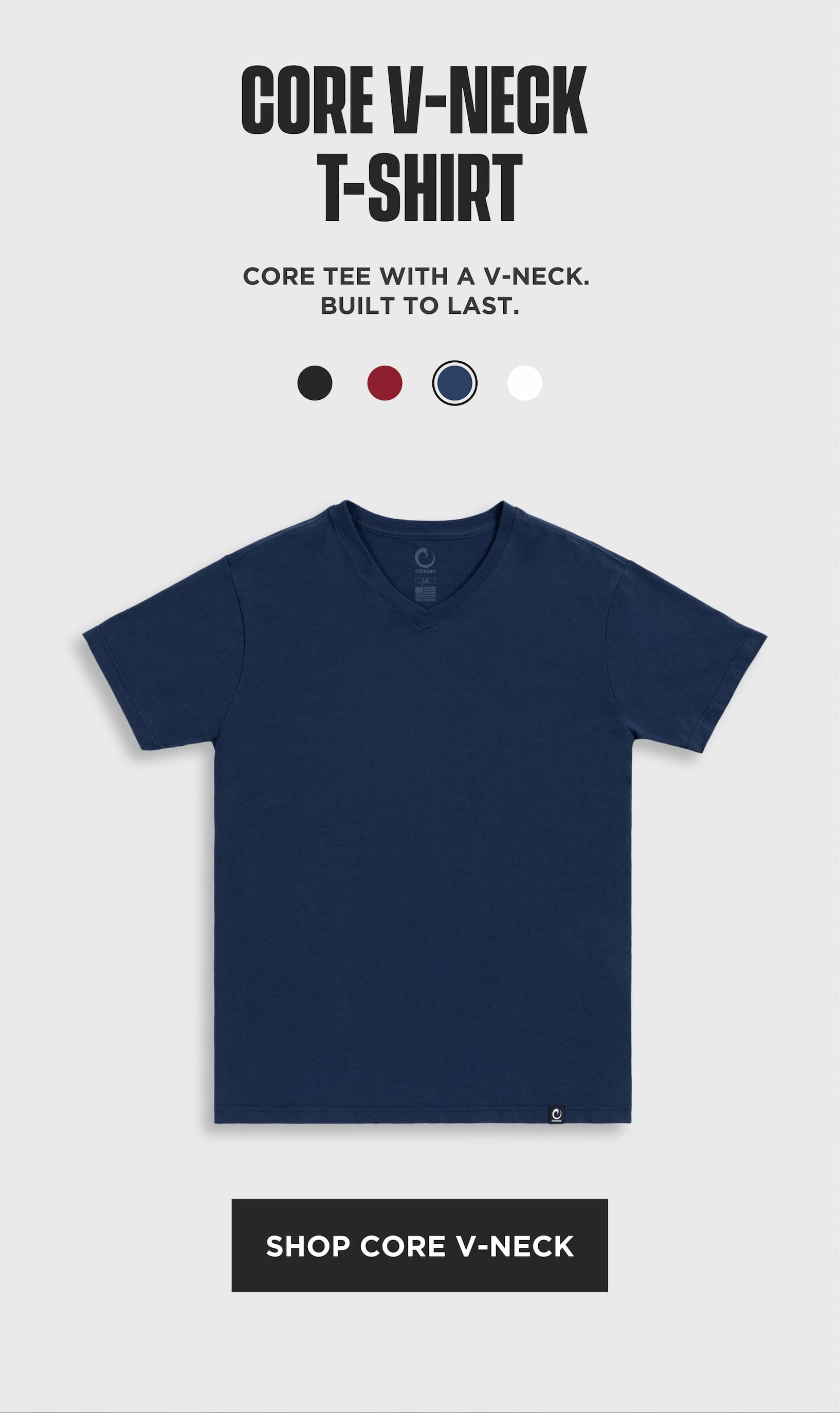 Navy Origin Core V-Neck T-Shirt product card with color swatches and shop CTA.