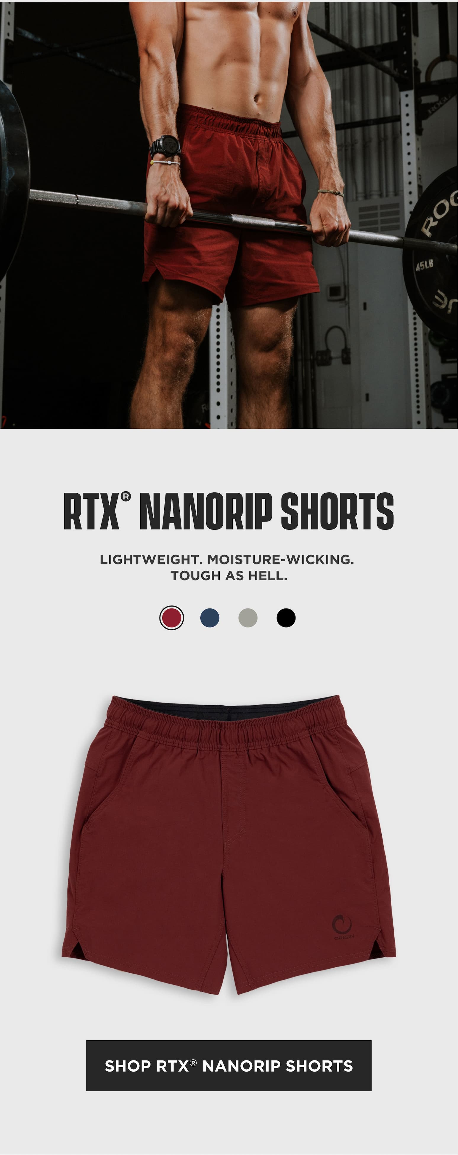 Origin RTX NanoRip Shorts email block with gym lifestyle photo, red shorts product card, and shop CTA.