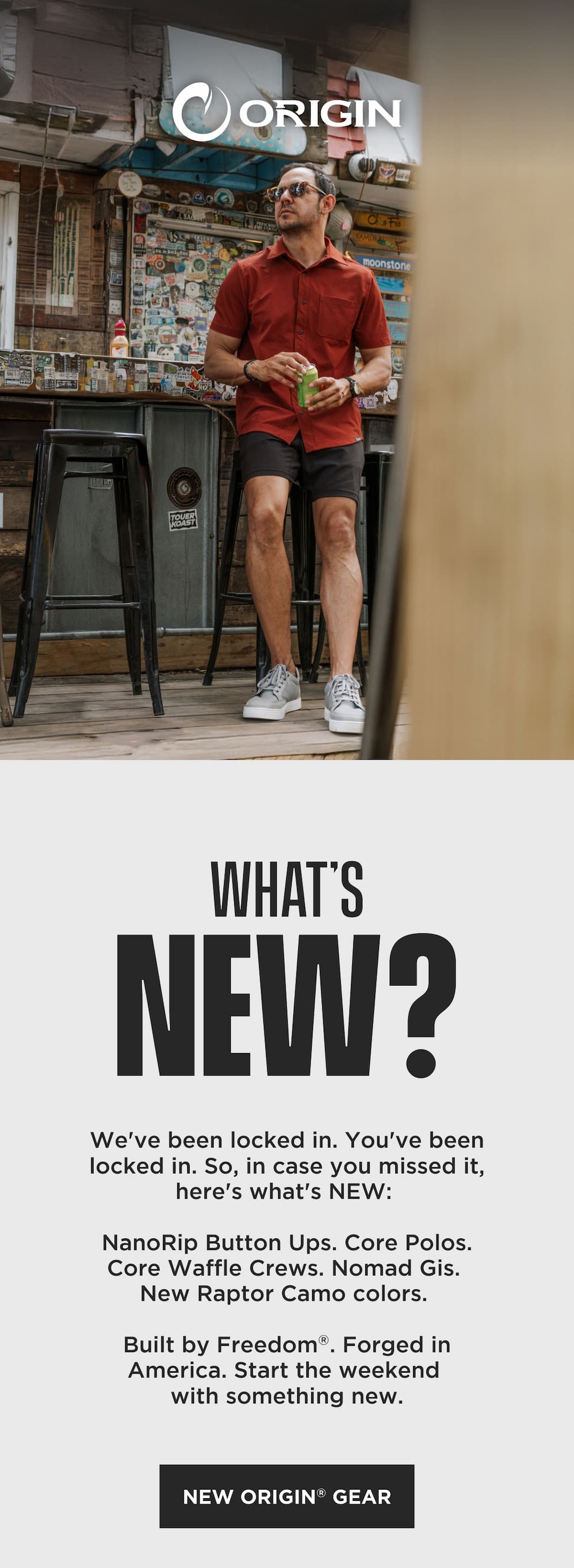 What’s New campaign with man in NanoRip shirt and callout for new Origin gear.