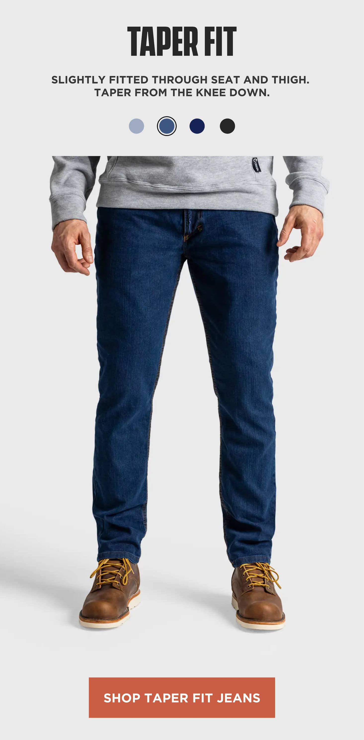 Product section highlighting Taper Fit jeans with slight taper from knee down and shop taper fit button.