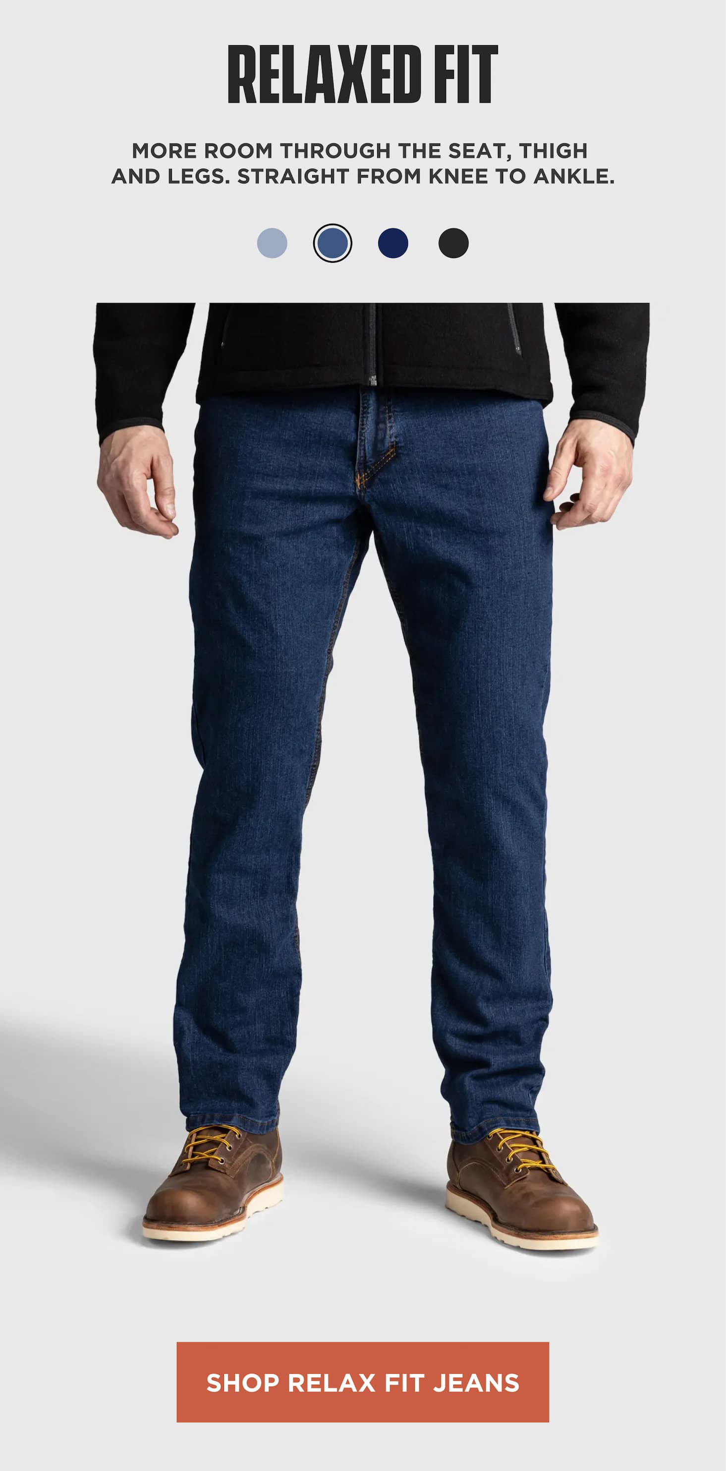 Product section highlighting Relaxed Fit jeans with more room through seat and thigh and shop relaxed fit call to action.