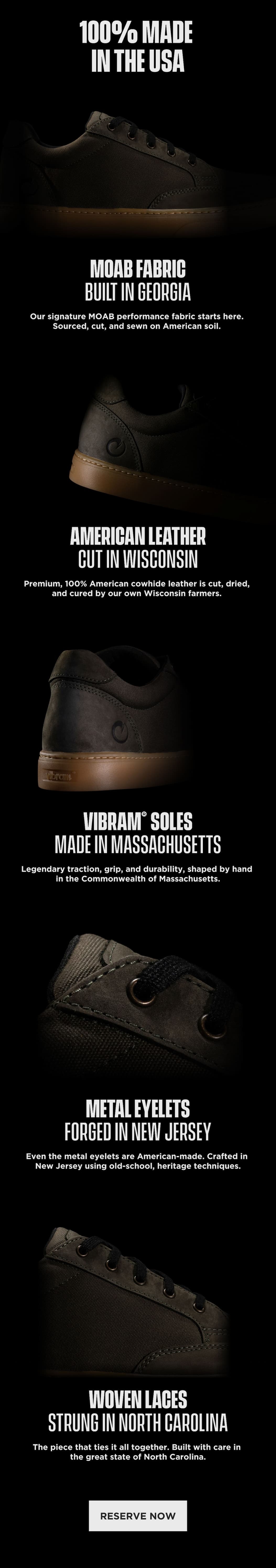 ORIGIN sneakers with American-made fabric, leather, Vibram soles, metal eyelets and woven laces. Join the waitlist.