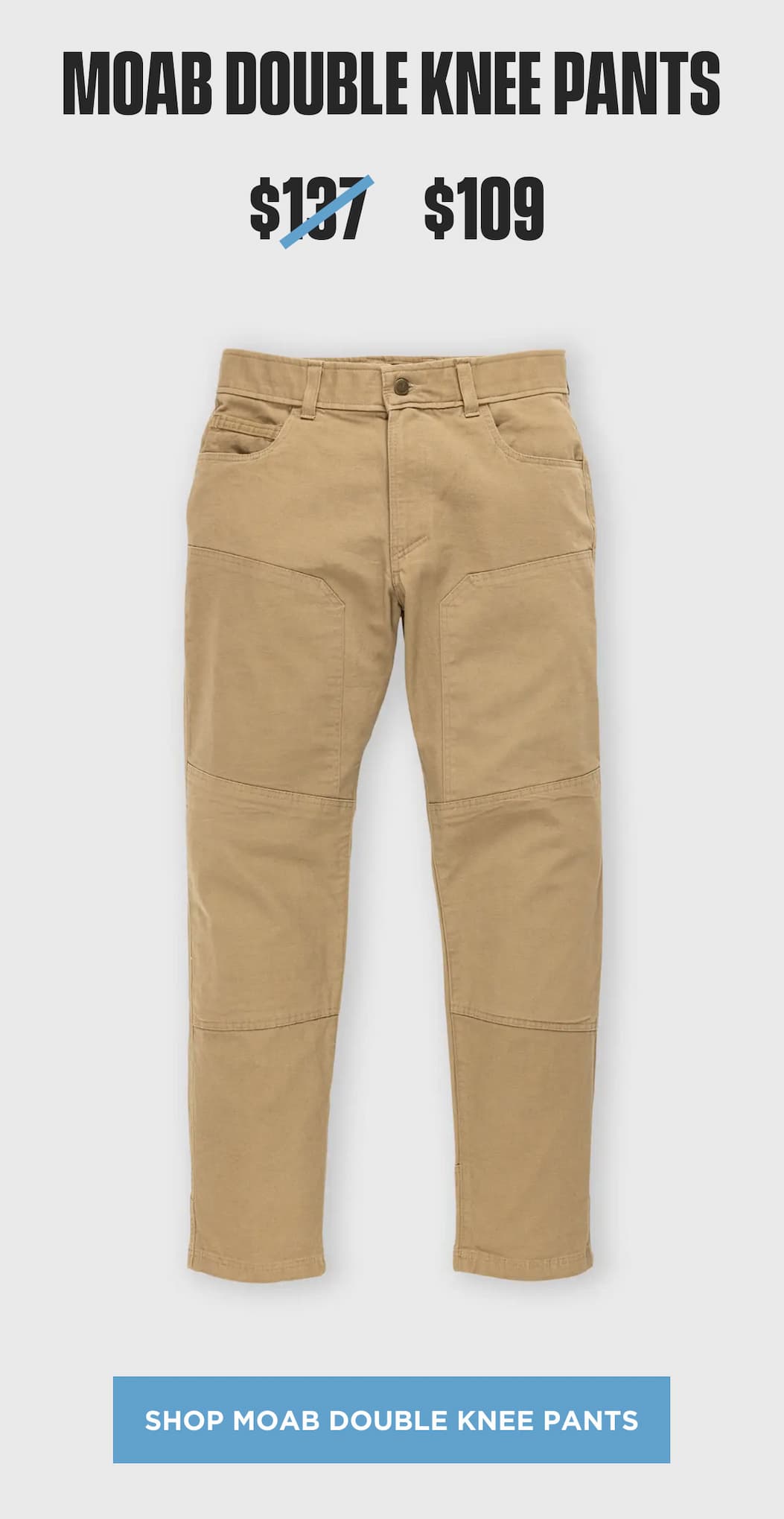 MOAB Double Knee Pants product block showing khaki reinforced pants, sale price, and shop CTA.