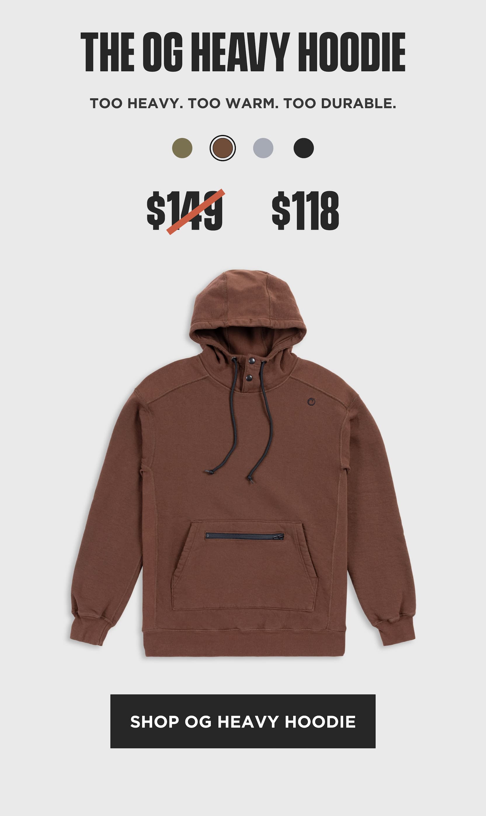 Product image of the brown Origin OG Heavy Hoodie featuring a durable heavyweight fleece construction and front pouch pocket.