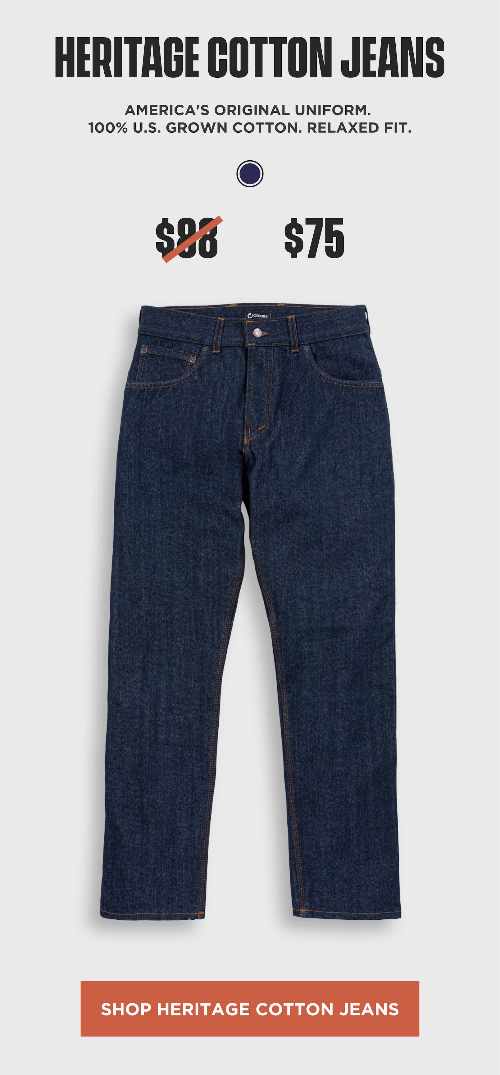 Product image of Origin Heritage Cotton jeans made from 100% U.S.-grown cotton with a relaxed fit and sale pricing.