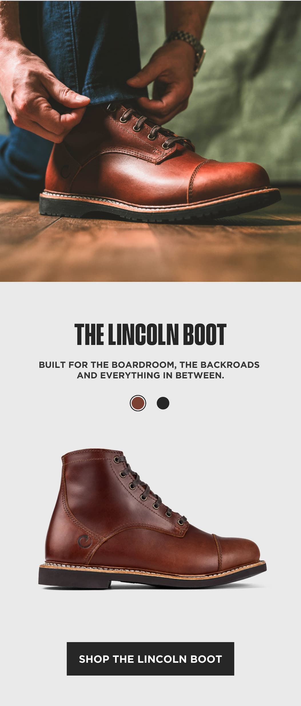 Lincoln Boot promo showing amber leather lace-up boot lifestyle photo and product block.