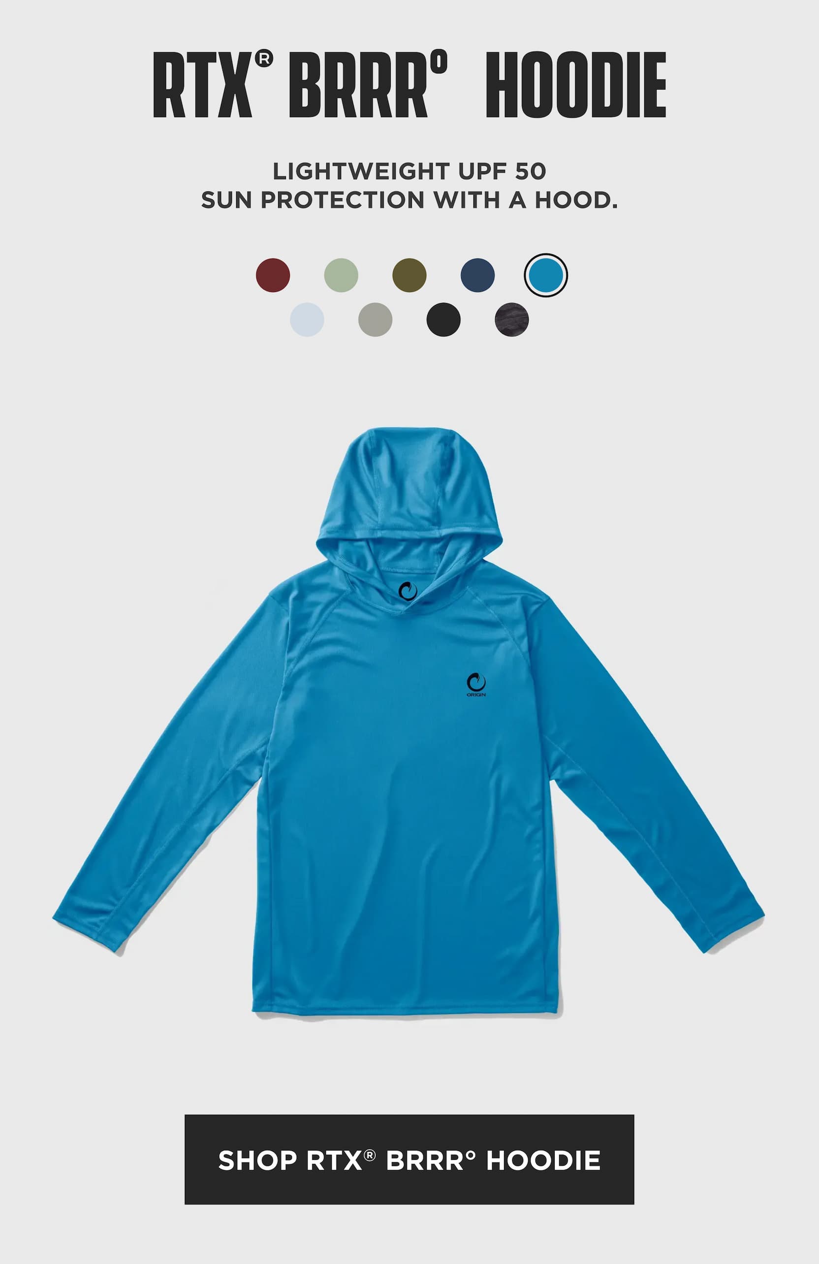 RTX BRRR hoodie in bright blue. Lightweight UPF 50 sun protection hoodie with cooling technology. Shop RTX BRRR Hoodie.