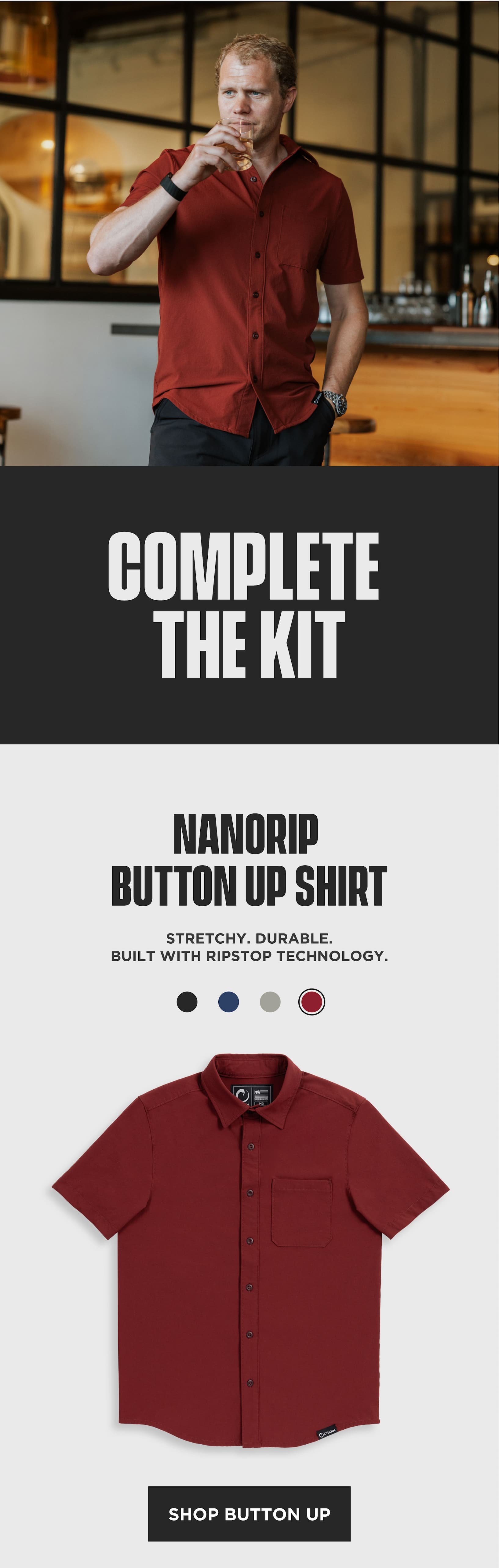 Origin NanoRip Button Up Shirt email block with lifestyle photo, red shirt product card, and CTA.