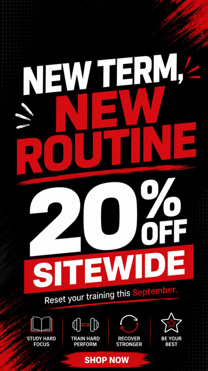 Maxi Nutrition 'Back to School' 20% off sitewide sale banner featuring Cyclone All-In-One Performance, Promax Lean, a shaker bottle, and gym bag, with text 'Fuel Your Goals This Term' and free delivery, Informed Sport, and 30 years trusted messaging.