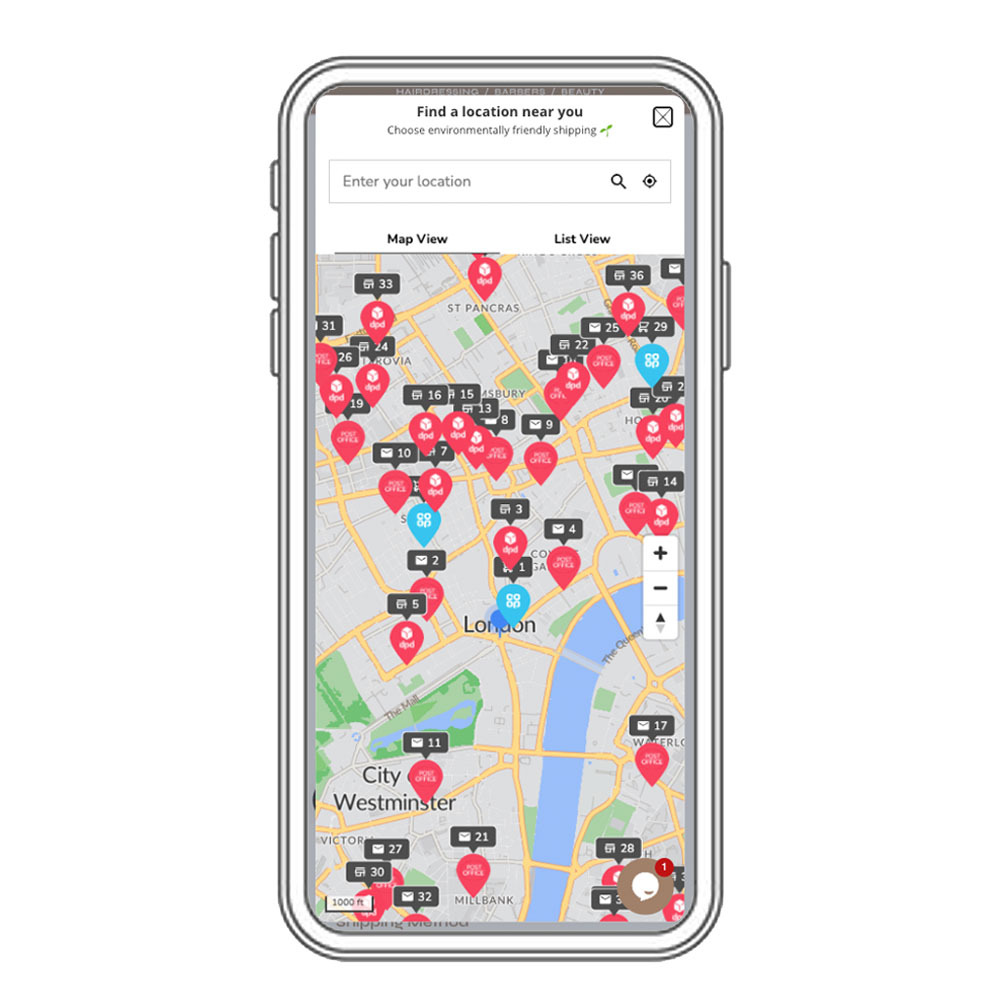 Example pickup finder showing a location search field and map or list views of pickup points