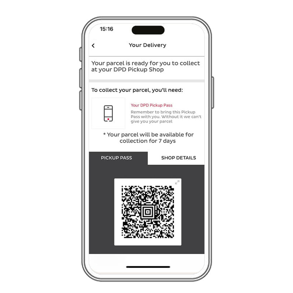 Example DPD ready-to-collect notification with the Pickup Pass tab and a sample collection QR code