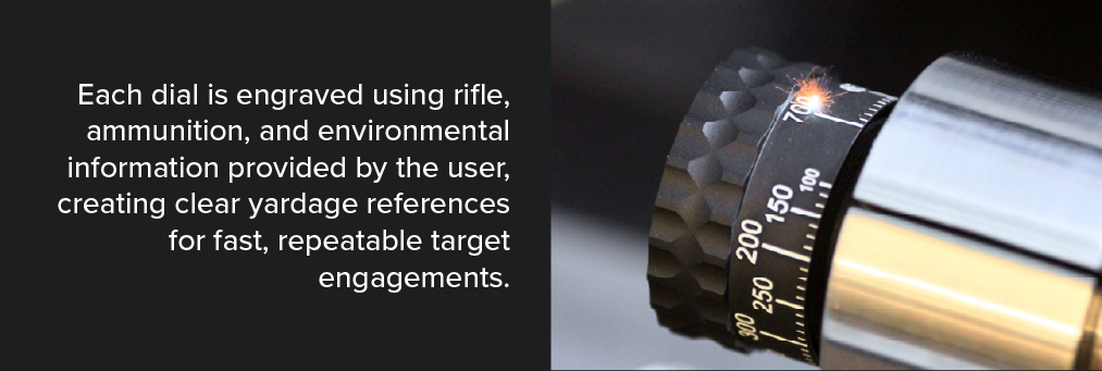 Each dial is engraved using rifle, ammunition, and environmental information provided by the user, creating clear yardage references for fast, repeatable target engagements.