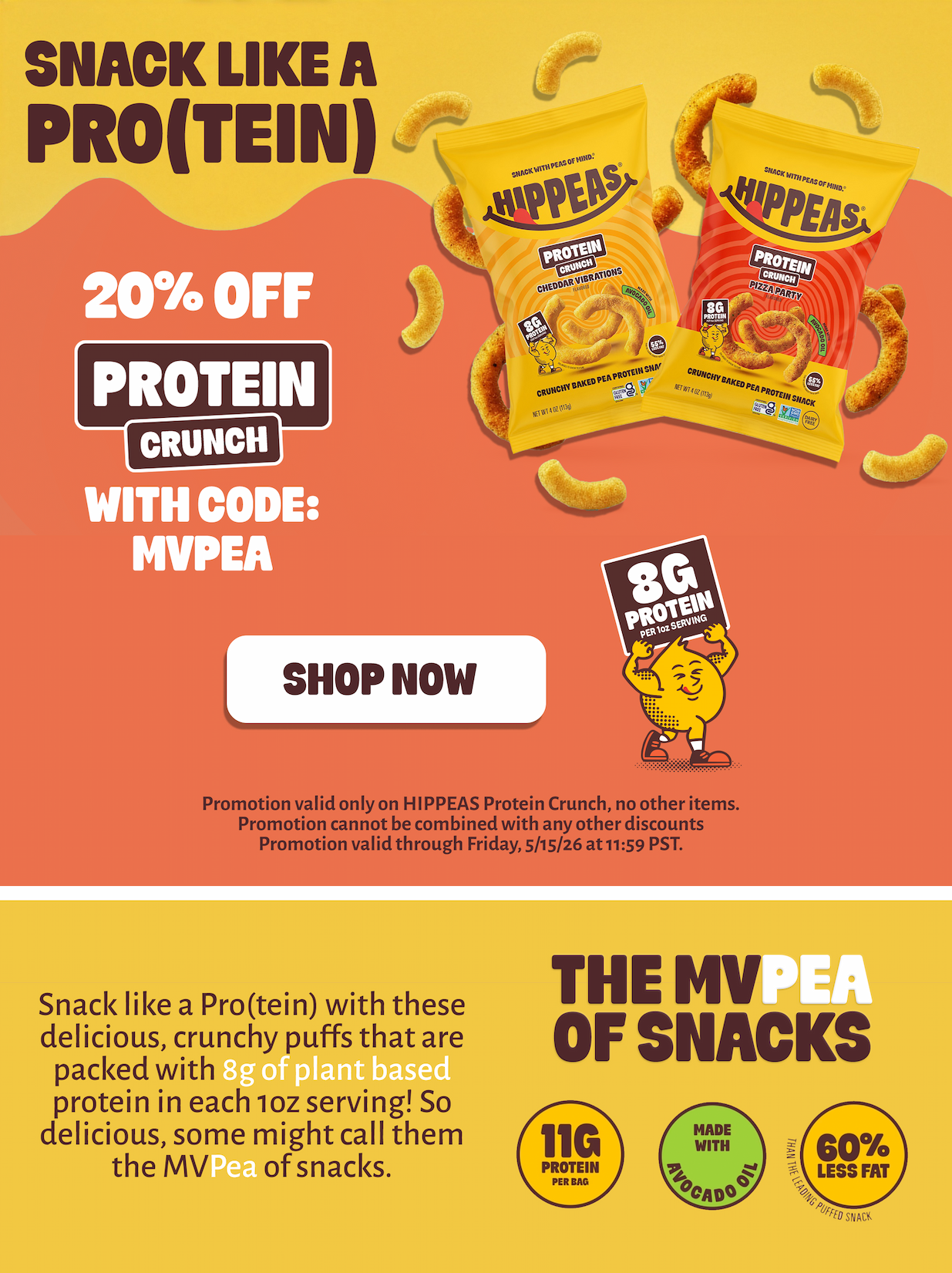20% off hippeas new protein crunch snacks with discount code: mvpea