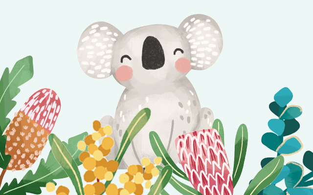 Cute illustrated koala surrounded by Australian flowers