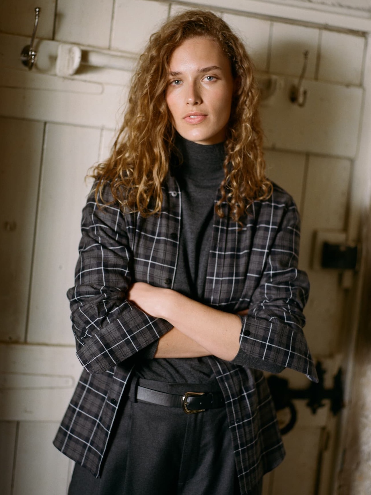 The Boyfriend Shirt: Brushed, Grey and Black Check in 80% Cotton, 20% Merino Wool