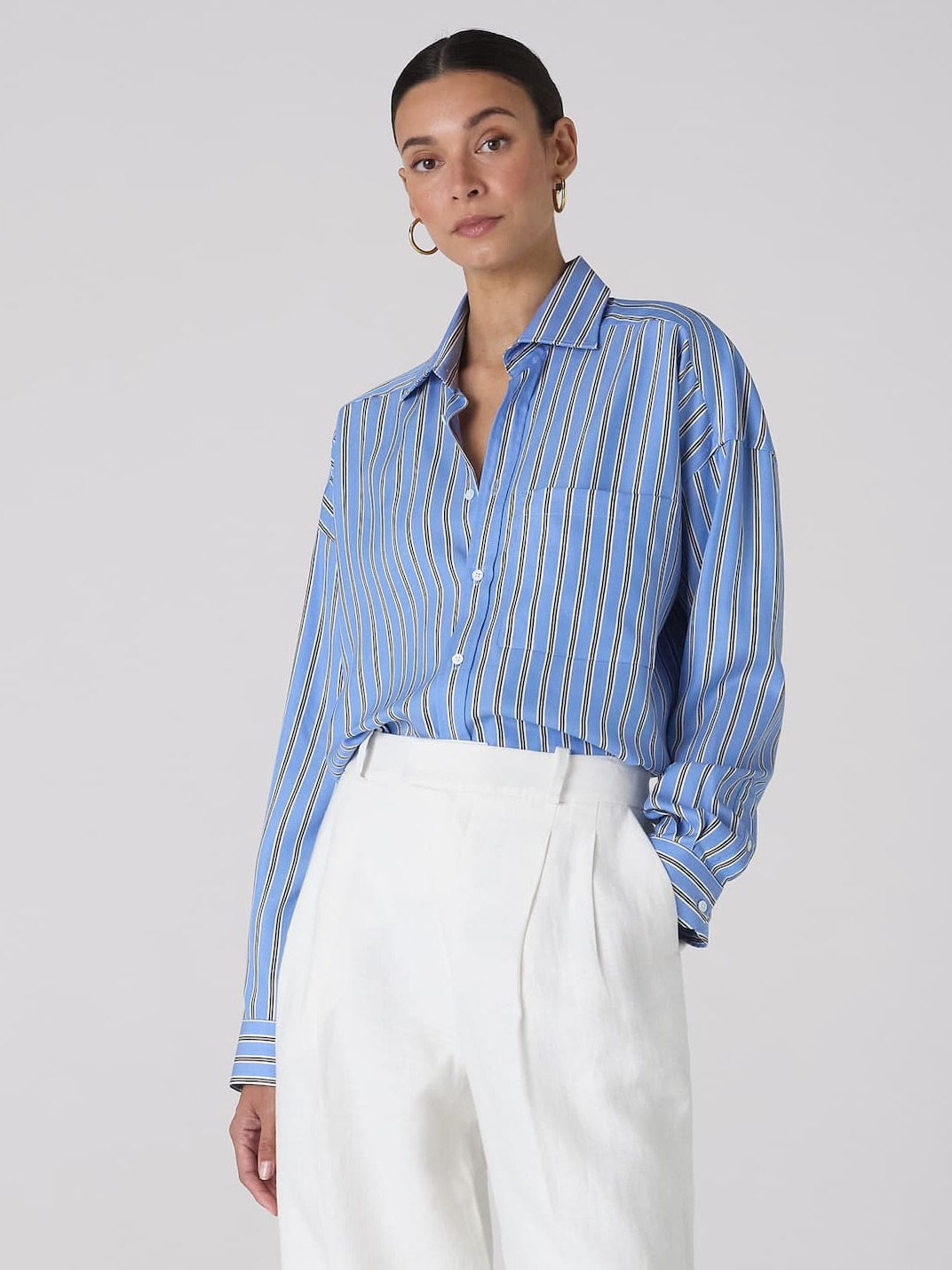 he Weekend: TENCEL™ Lyocell, Cornflower and Mocha Stripe