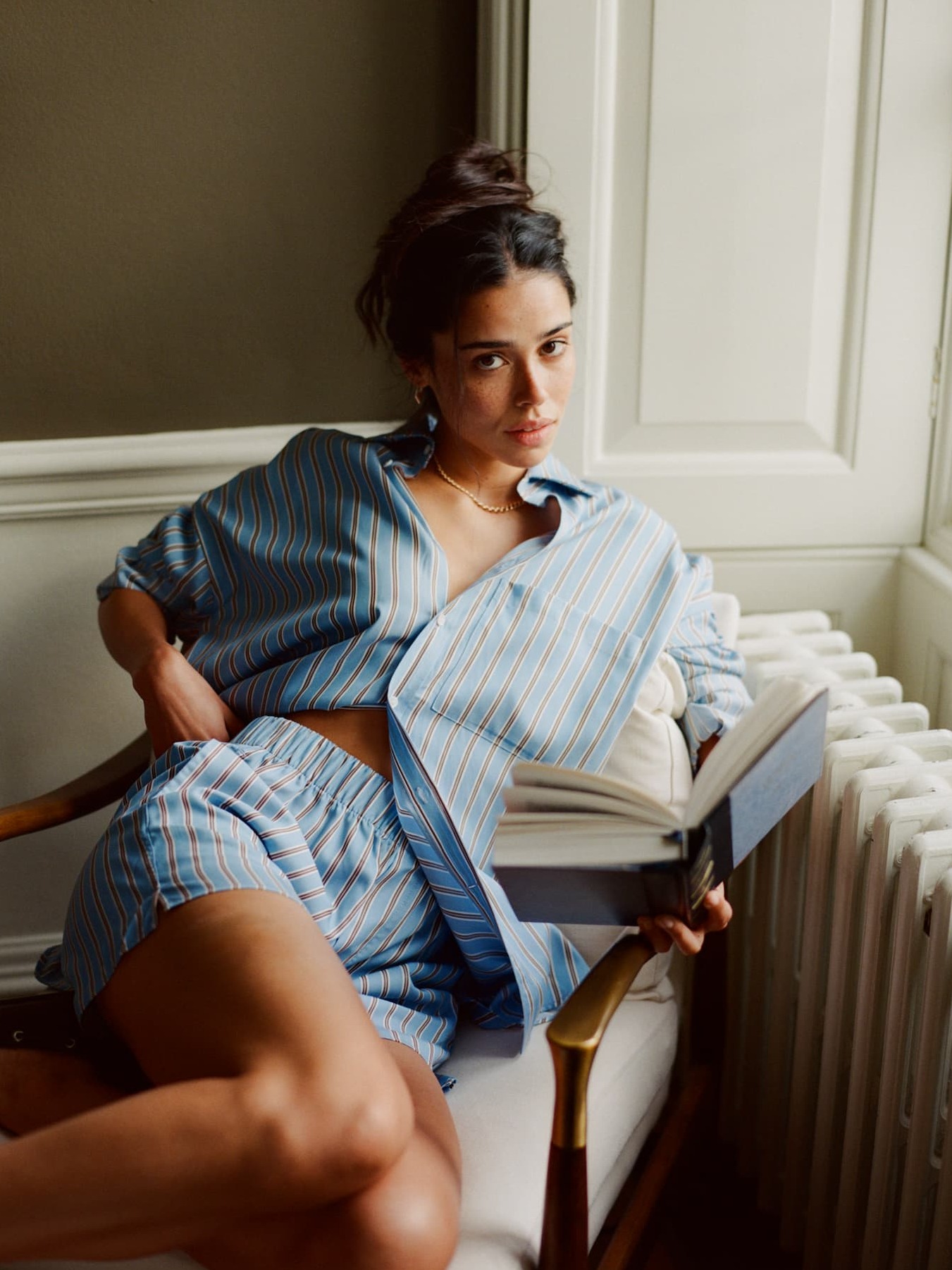 he Weekend: TENCEL™ Lyocell, Cornflower and Mocha Stripe