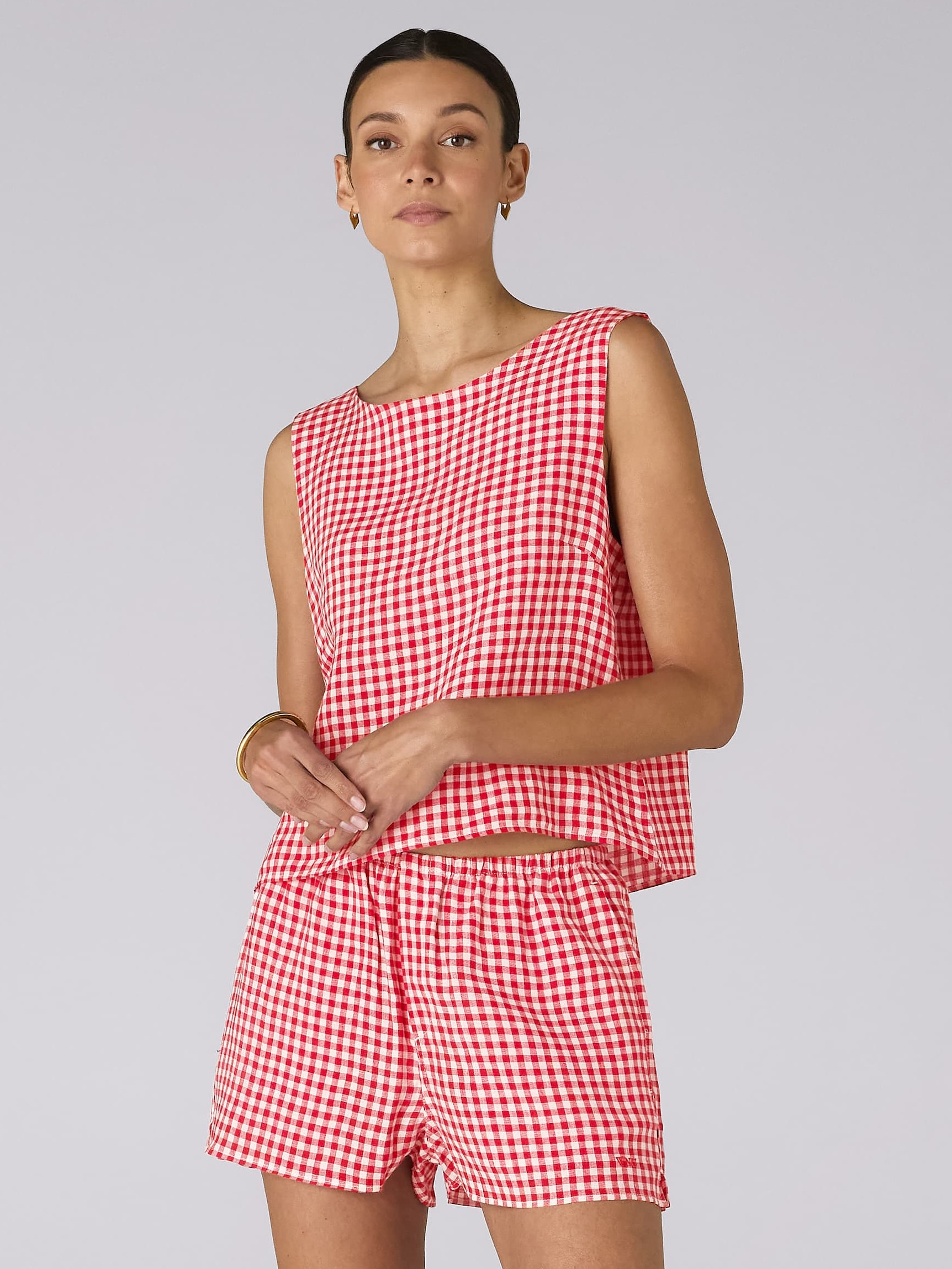 Jackie Top: Linen, Post Box Red Gingham
