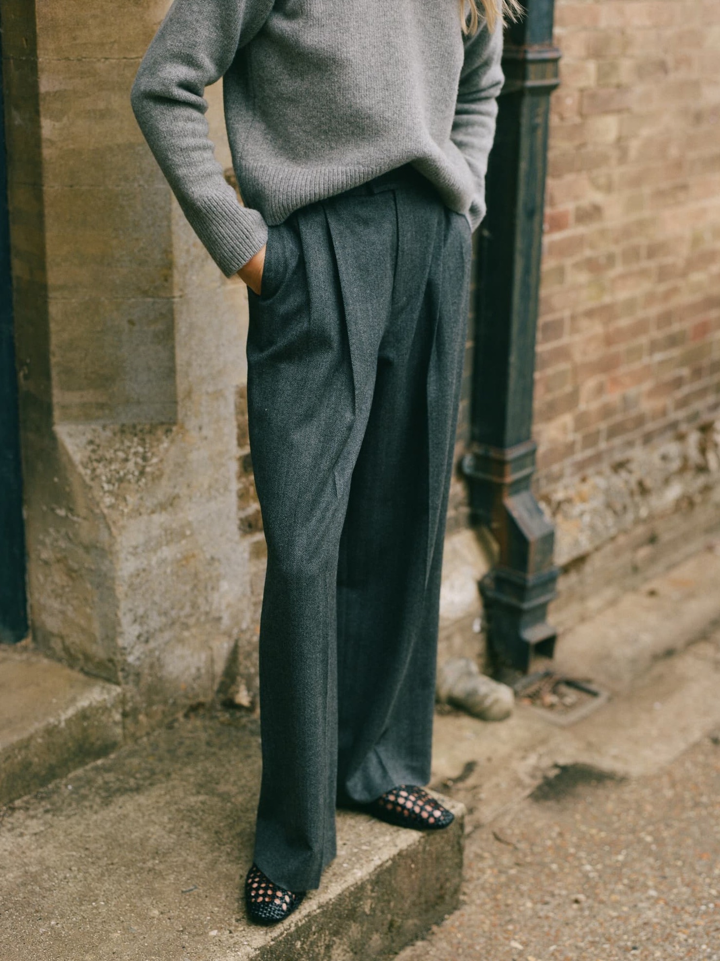 Rampling Trouser: Wool, Grey Herringbone