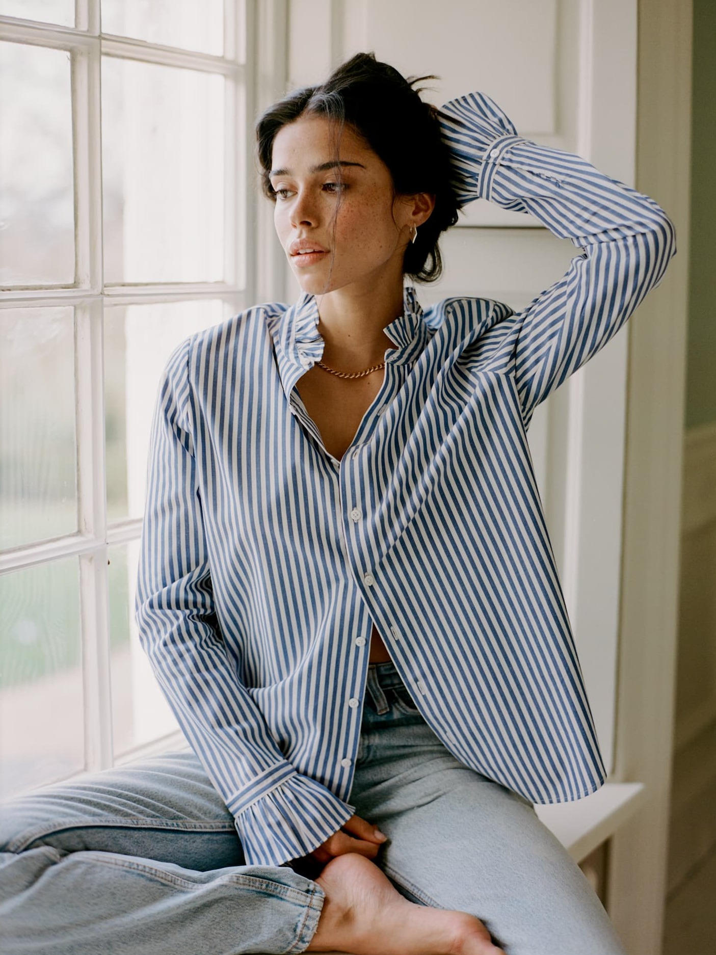 Kew Blouse: Fine Poplin, Royal Blue Stripe.