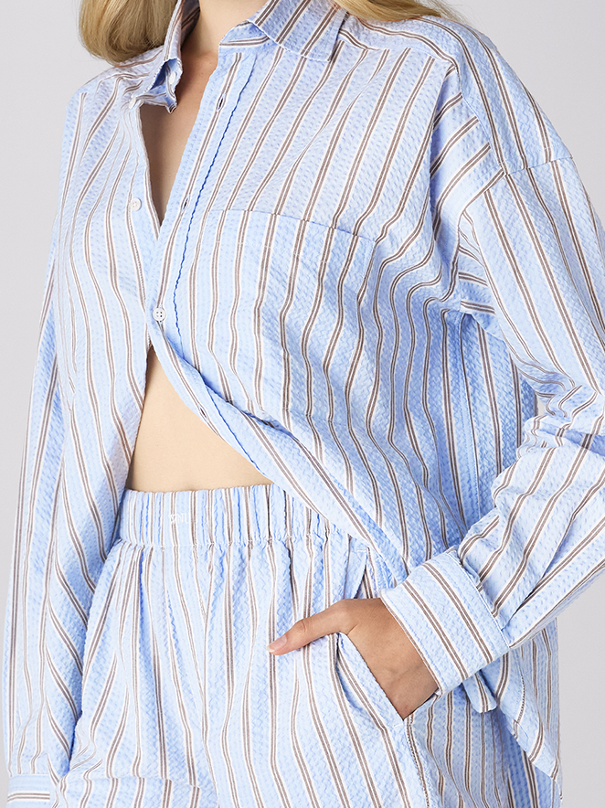The Weekend: Seersucker, Icy Blue and Mocha Stripe in 100% Organic Cotton.