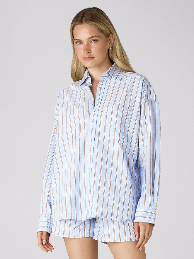 The Weekend: Seersucker, Icy Blue and Mocha Stripe in 100% Organic Cotton.