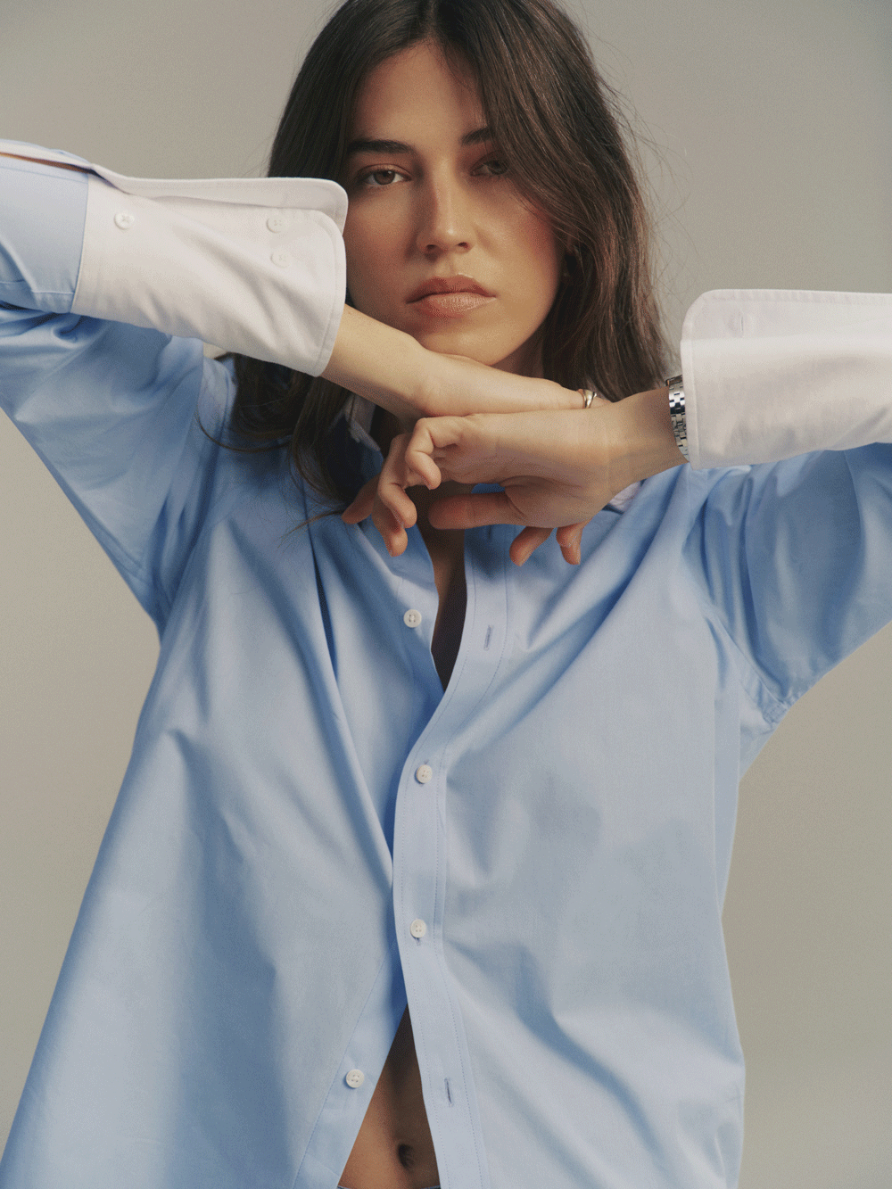 Boyfriend Exaggerated Contrast Cuff: Fine Poplin, Sky Blue