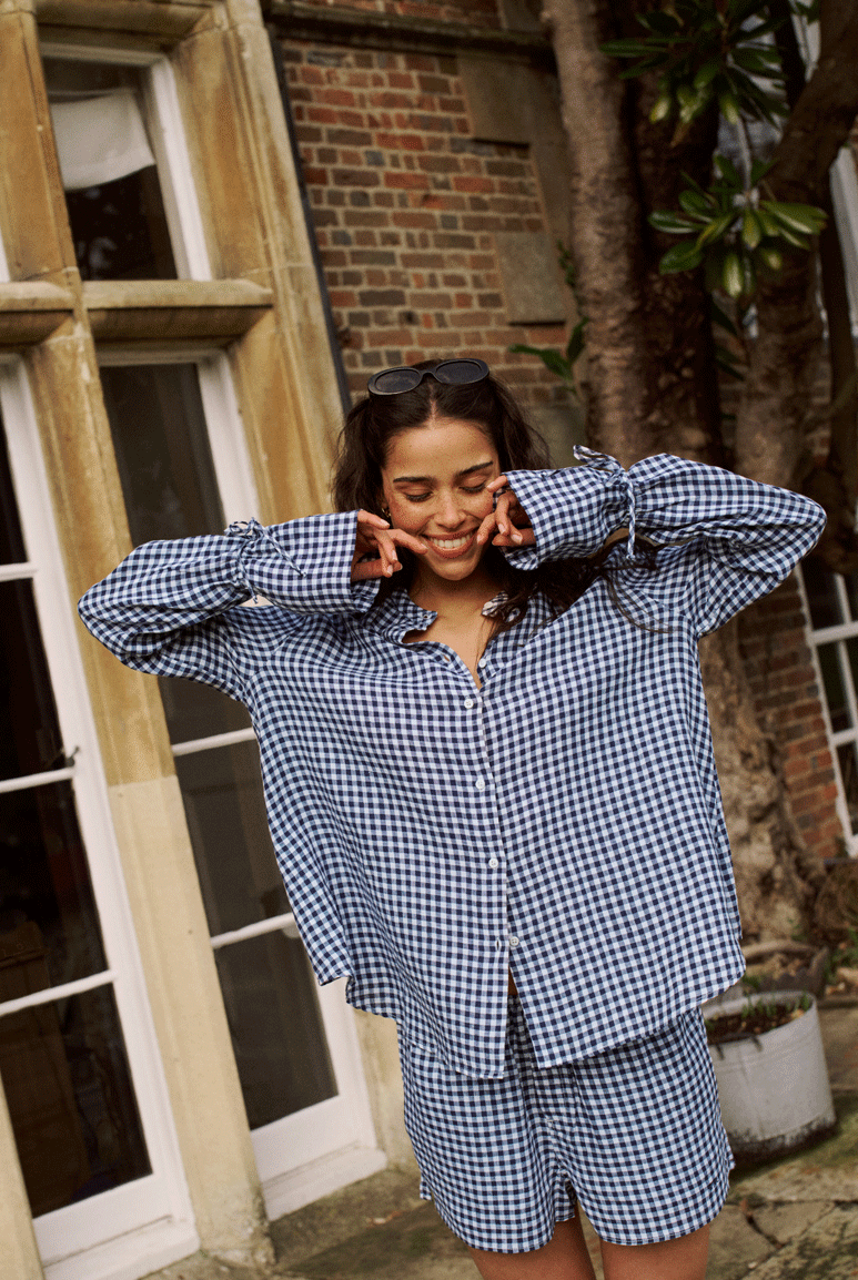Rye Blouse: Linen, Navy Blue Gingham