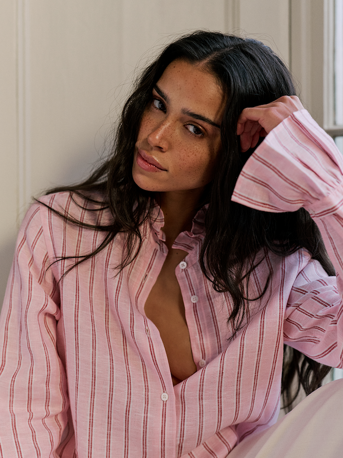 Kew Blouse: Linen, Red and Pink Stripe