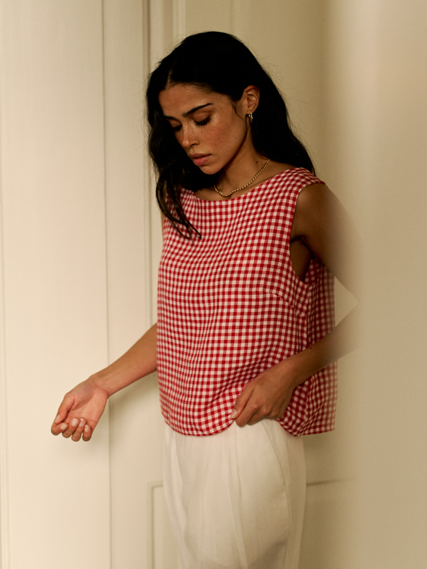 Jackie Top: Linen, Post Box Red Gingham
