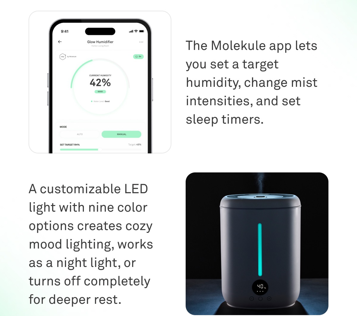 The Molekule app lets you set a target humidity, change mist intensities, and set sleep timers.