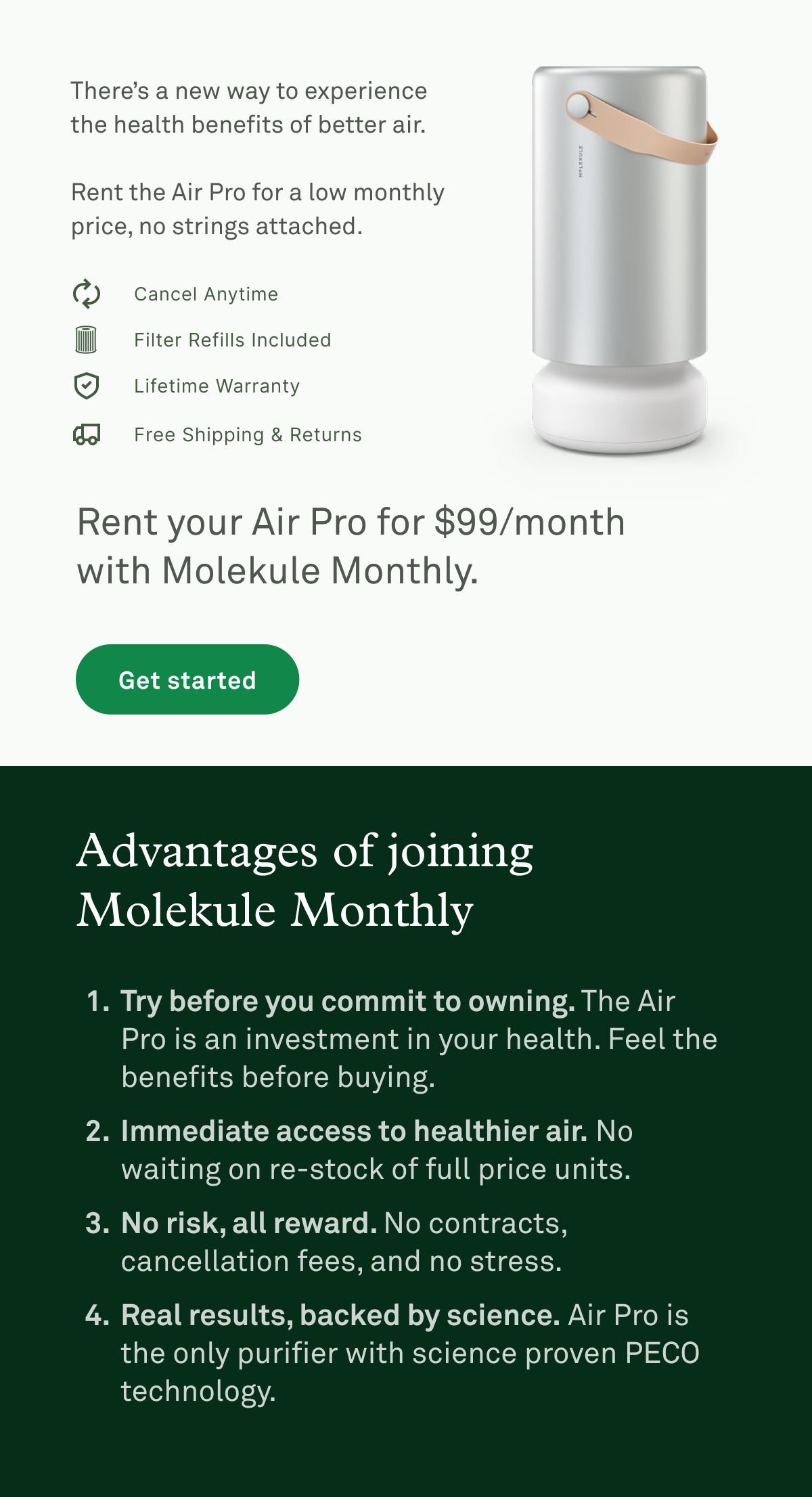 Rent your Air Pro for $99/month with Molekule Monthly