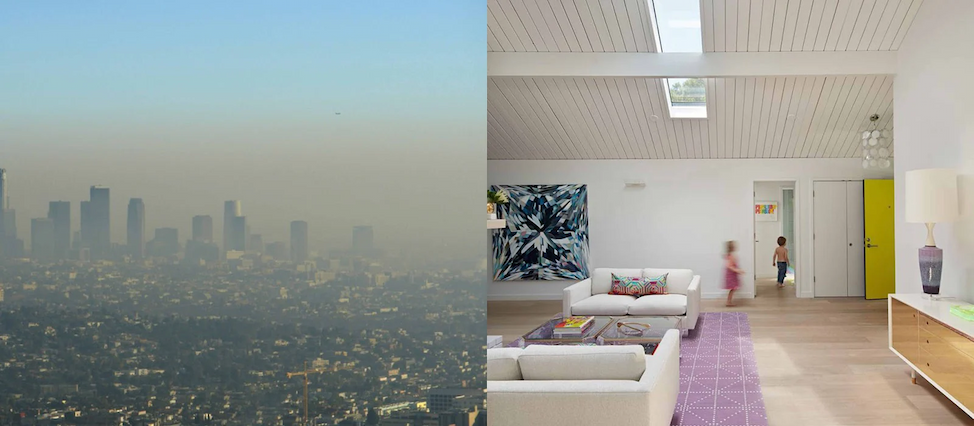 Image of polluted city vs. family indoors