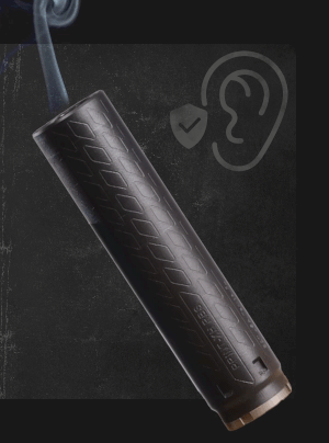 Modern suppressor with hearing protection graphics.