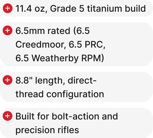 11.4 oz, Grade 5 titanium build. 6.5mm rated (6.5 Creedmoor, 6.5 PRC, 6.5 Weatherby RPM). 8.8" length, direct-thread configuration. Built for bolt-action and precision rifles