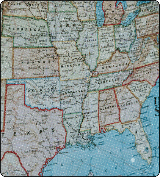 A close-up map of the central and southeastern United States, highlighting state borders and major cities.