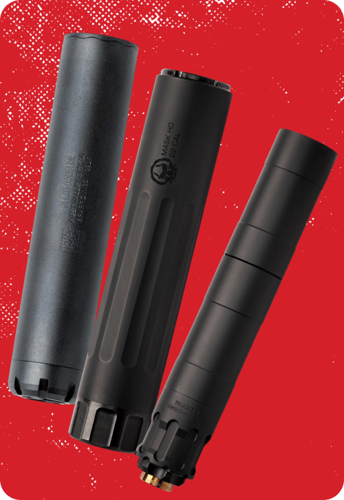 Three firearm suppressors on red background.