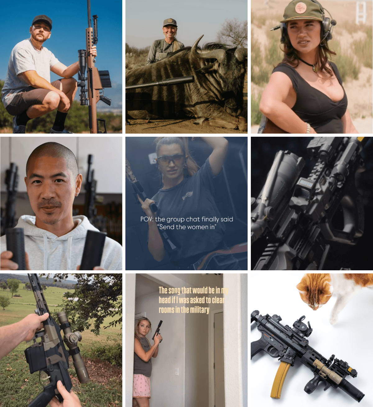 Collage of @silencershop IG posts featuring firearms, hunting, range scenes, and tactical setups