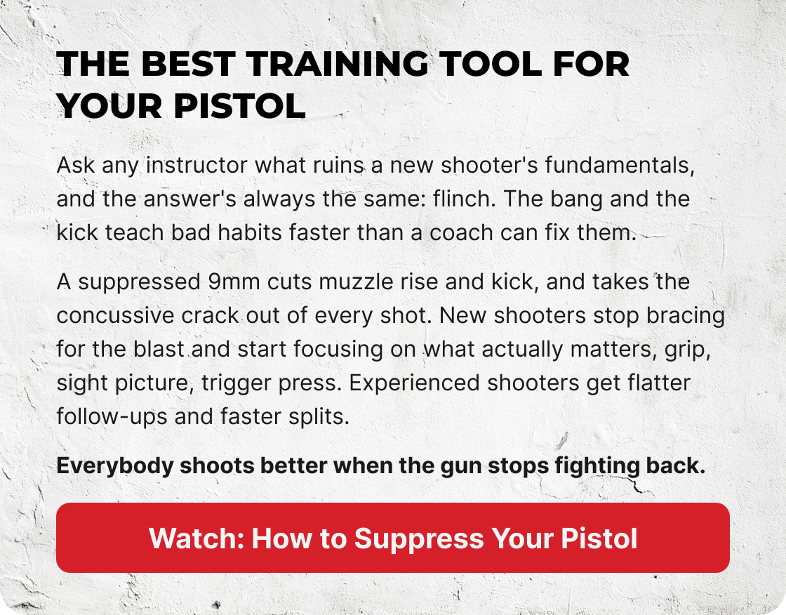 The Best Training Tool for Your Pistol. Ask any instructor what ruins a new shooter's fundamentals, and the answer's always the same: flinch. The bang and the kick teach bad habits faster than a coach can fix them. Everybody shoots better when the gun stops fighting back. [WATCH: HOW TO SUPPRESS YOUR PISTOL]
