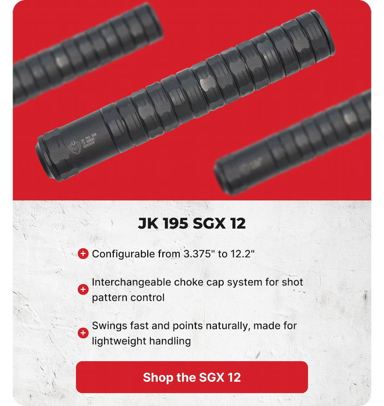 JK 195 SGX 12 | Configurable from 3.375" to 12.2", Interchangeable choke cap system for shot pattern control, Swings fast and points naturally, made for lightweight handling [Shop the SGX 12]