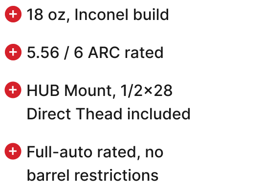 18 oz, Inconel build. 5.56 / 6 ARC rated. HUB or 1/2×28 direct thread. Full-auto rated, no barrel restrictions.