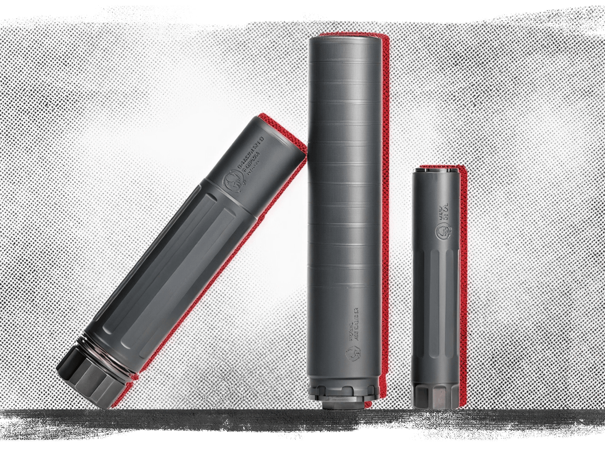 Three cylindrical firearm suppressors in matte finish, upright against textured grayscale background with red outline accentuating shapes.